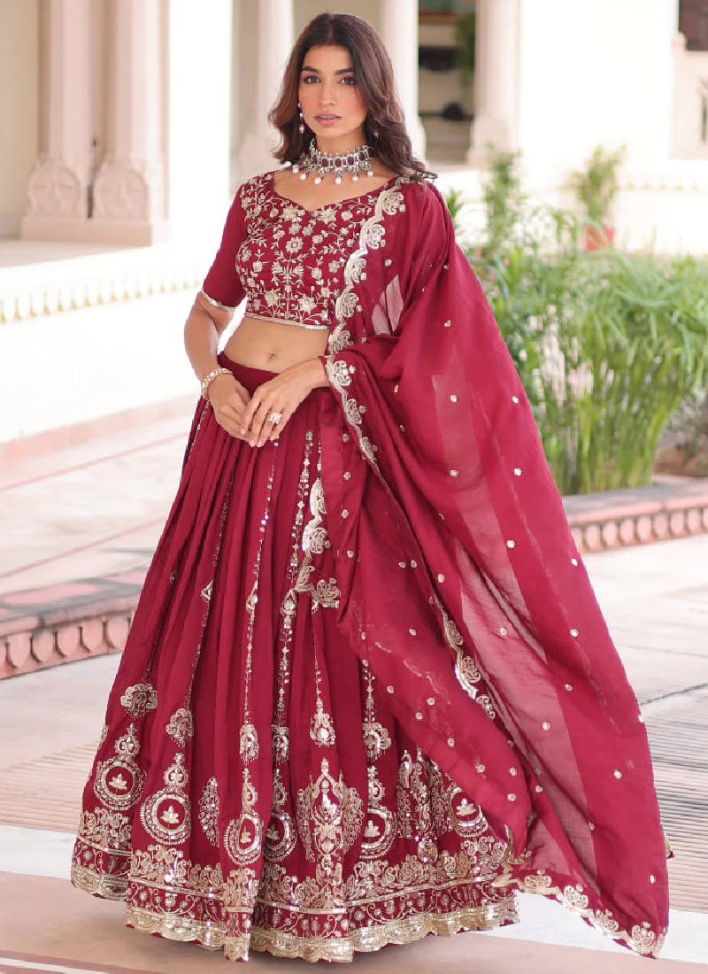 Favorable Embroidered Vichitra Silk Maroon Sangeet Wear Lehenga Choli - Image 5