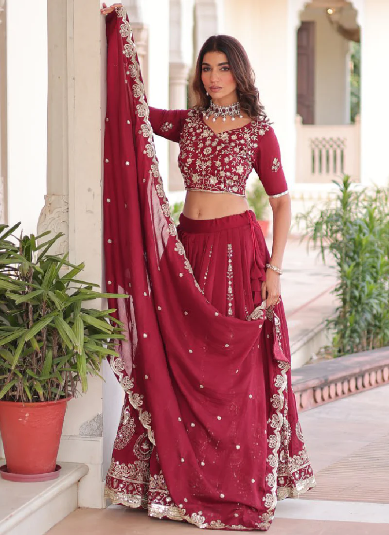 Favorable Embroidered Vichitra Silk Maroon Sangeet Wear Lehenga Choli - Image 6