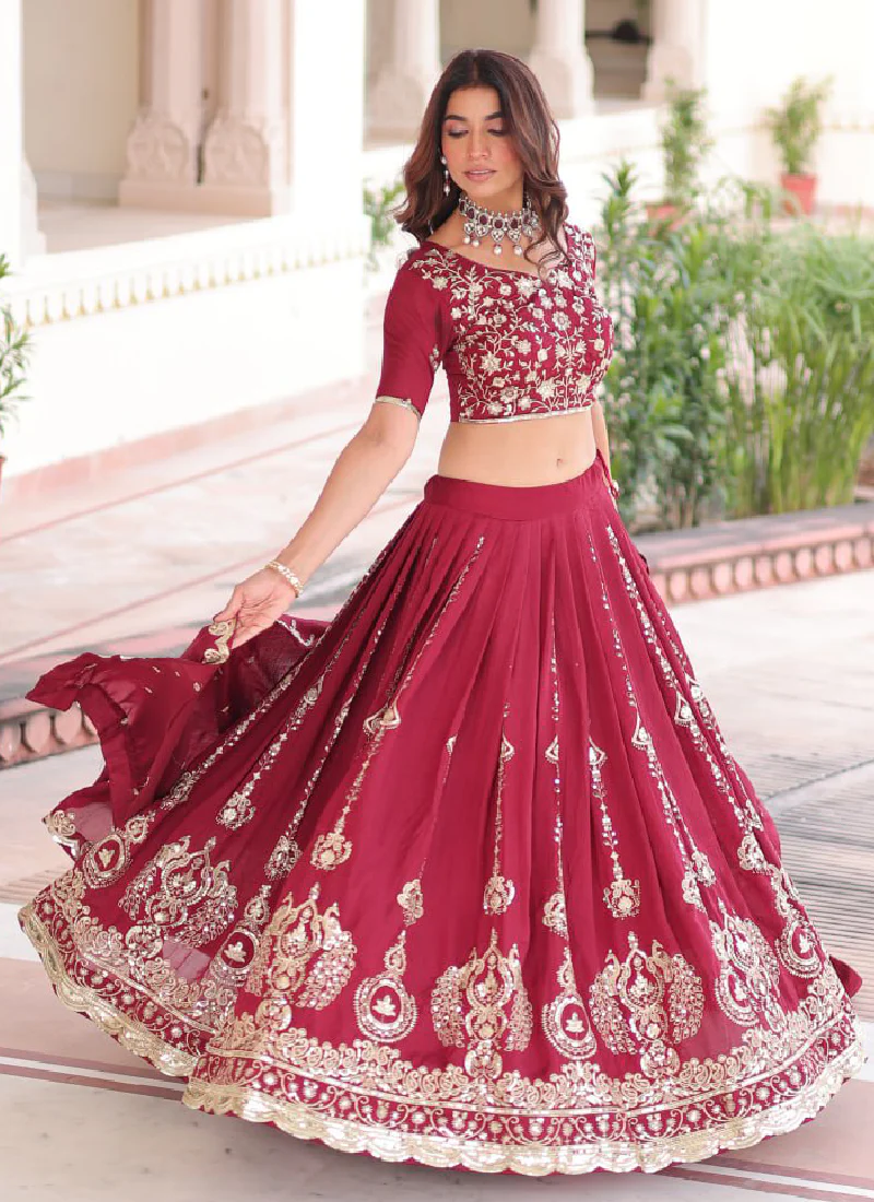Favorable Embroidered Vichitra Silk Maroon Sangeet Wear Lehenga Choli - Image 8