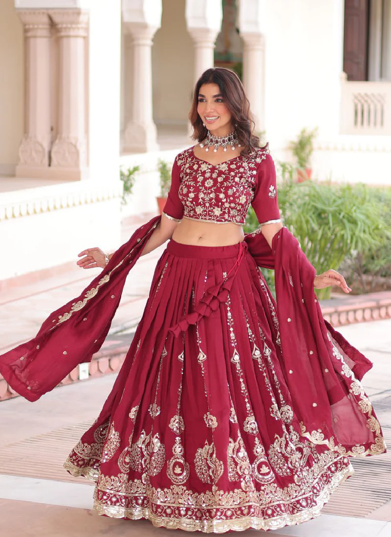 Favorable Embroidered Vichitra Silk Maroon Sangeet Wear Lehenga Choli - Image 9