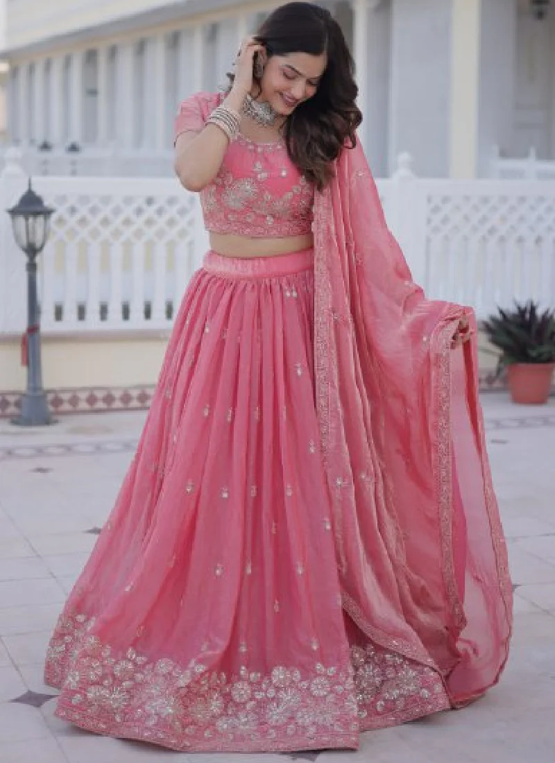 Fendi Silk Sequins Embroidered Light Pink Lehenga Choli With Dupatta - Image 4
