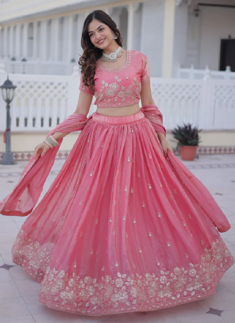Fendi Silk Sequins Embroidered Light Pink Lehenga Choli With Dupatta - Image 6