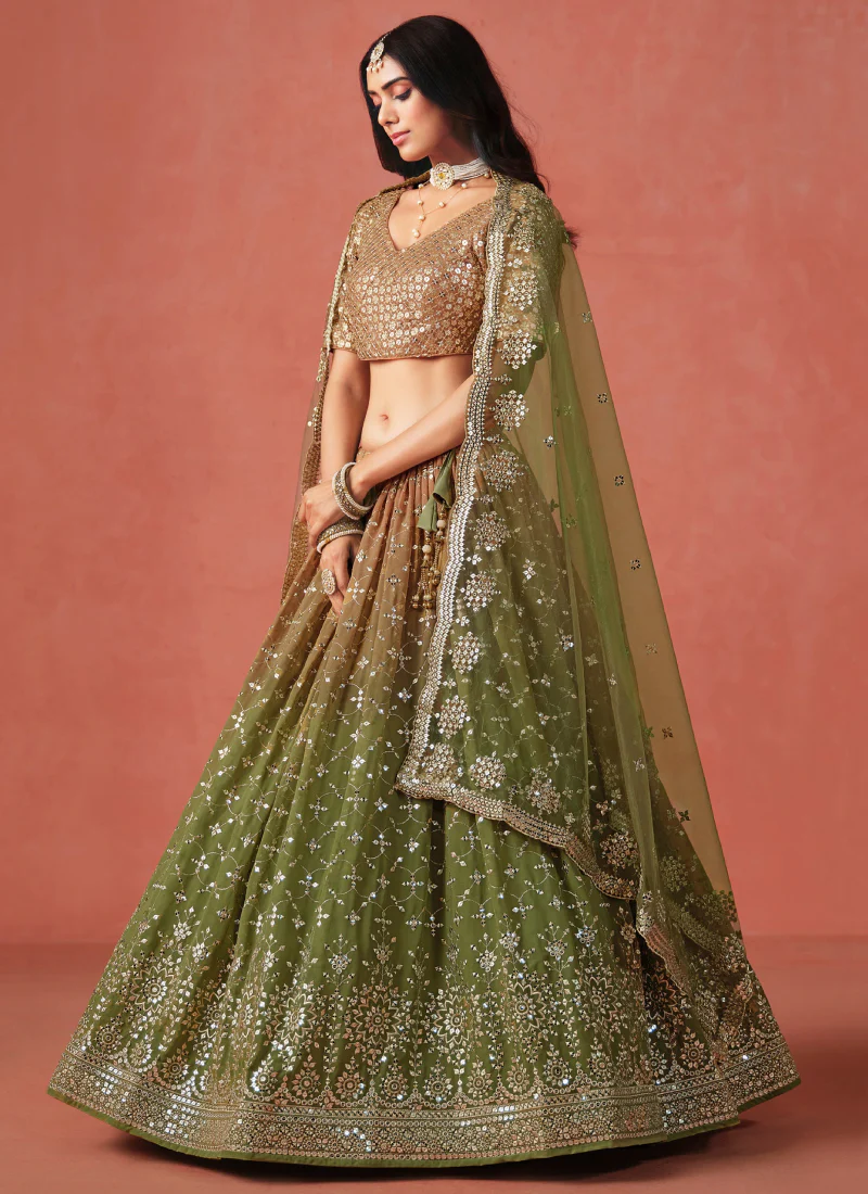 Festival Mehndi Green Sequence Embroidery Georgette Lehenga Choli - Image 3