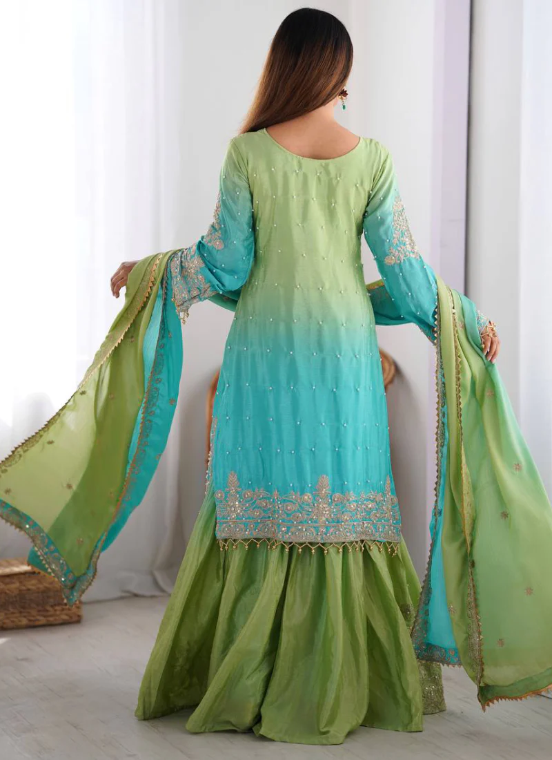 Festival Wear Chinon Silk Dori Work Sky Blue Top Bottom With Dupatta - Image 4
