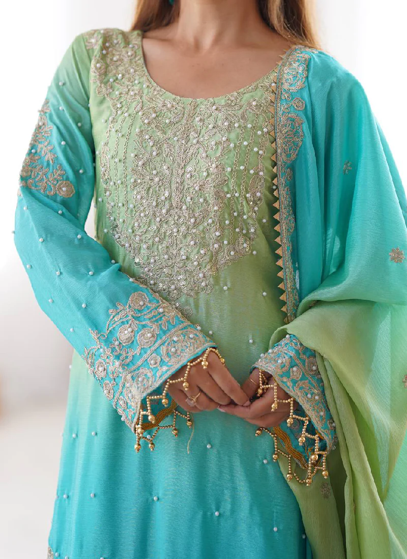 Festival Wear Chinon Silk Dori Work Sky Blue Top Bottom With Dupatta - Image 5