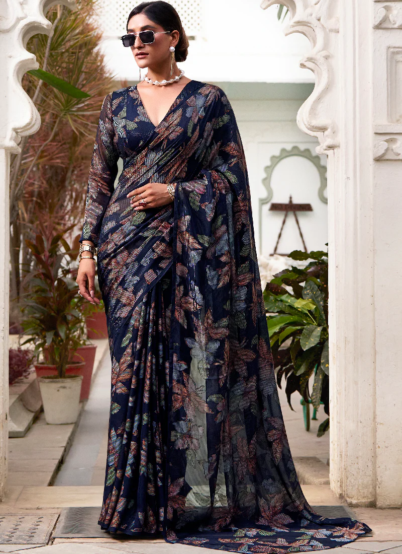 Festival Wear Floral Design Viscose Brasso Navy Blue Saree With Blouse - Image 3