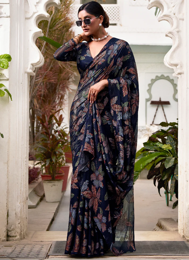 Festival Wear Floral Design Viscose Brasso Navy Blue Saree With Blouse - Image 4