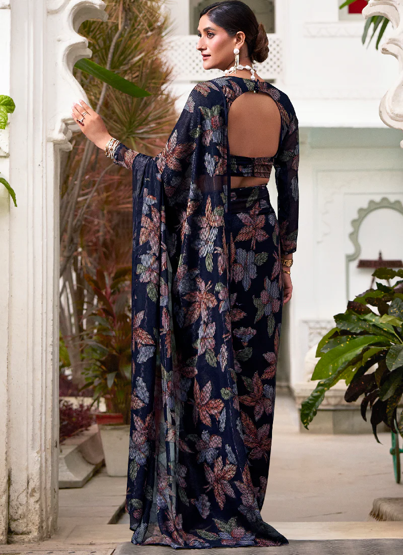 Festival Wear Floral Design Viscose Brasso Navy Blue Saree With Blouse - Image 5