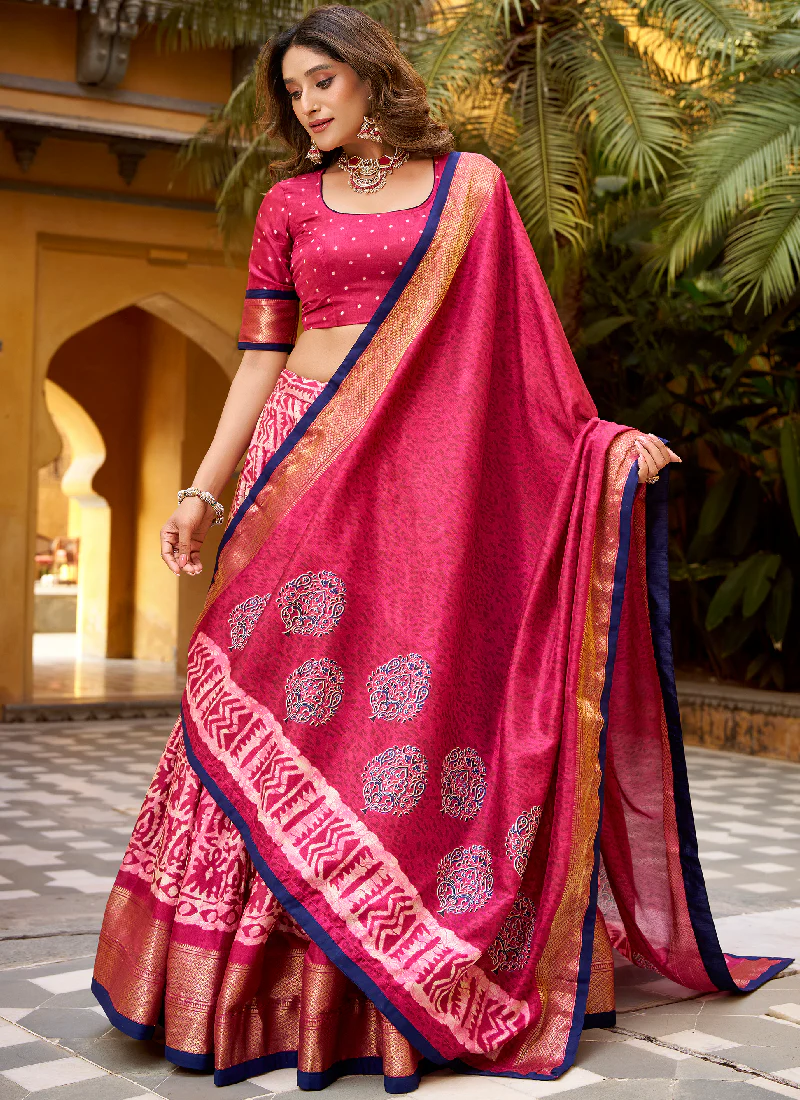 Festive Wear Dola Silk Zari Weaving With Batik Print Pink Lehenga Choli - Image 3