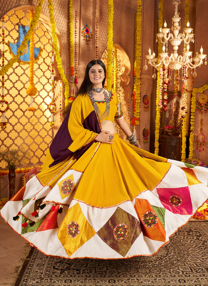 Festive Wear Ganthi Real Mirror Viscose Cotton Yellow Lehenga Choli - Image 5