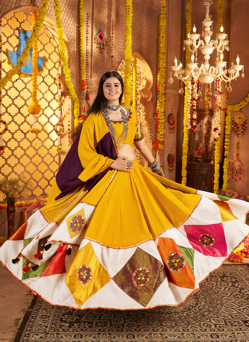 Festive Wear Ganthi Real Mirror Viscose Cotton Yellow Lehenga Choli - Image 6