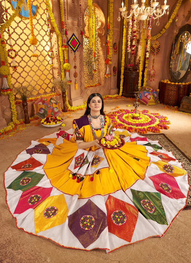 Festive Wear Ganthi Real Mirror Viscose Cotton Yellow Lehenga Choli - Image 7