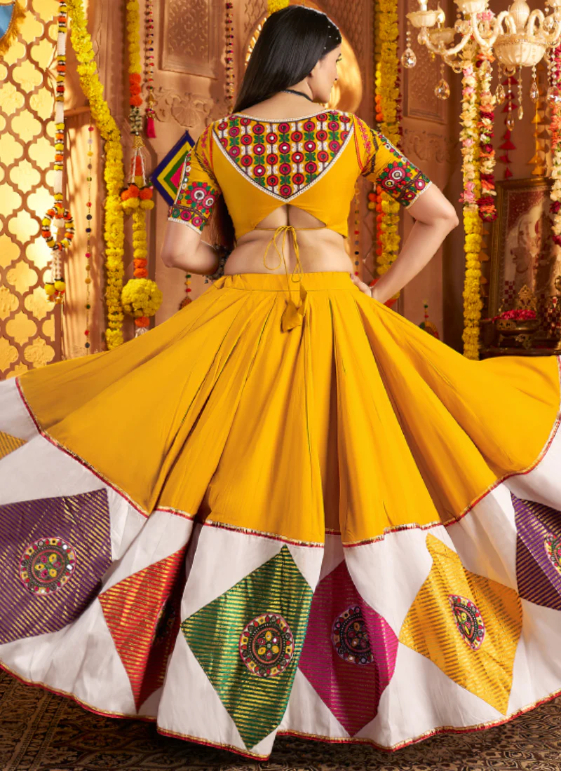 Festive Wear Ganthi Real Mirror Viscose Cotton Yellow Lehenga Choli - Image 9