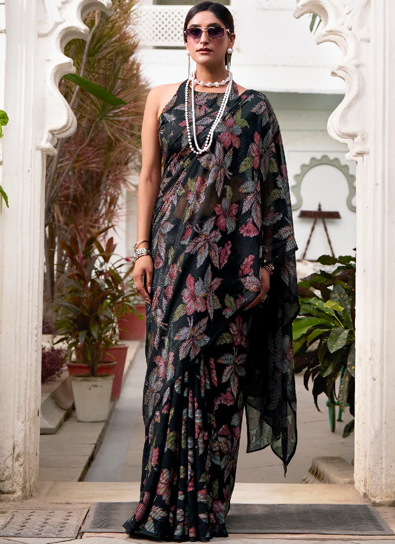 Floral Brasso Printed Party Wear Designer Black Saree With Blouse - Image 3
