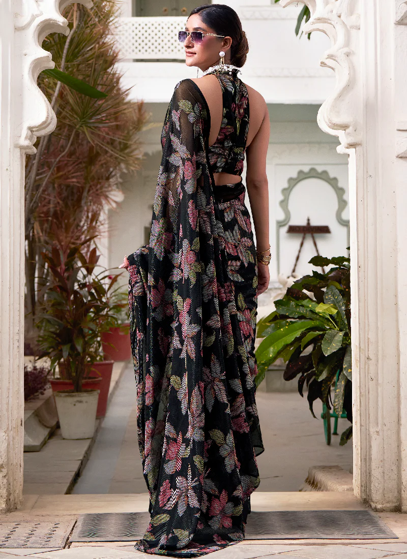 Floral Brasso Printed Party Wear Designer Black Saree With Blouse - Image 4