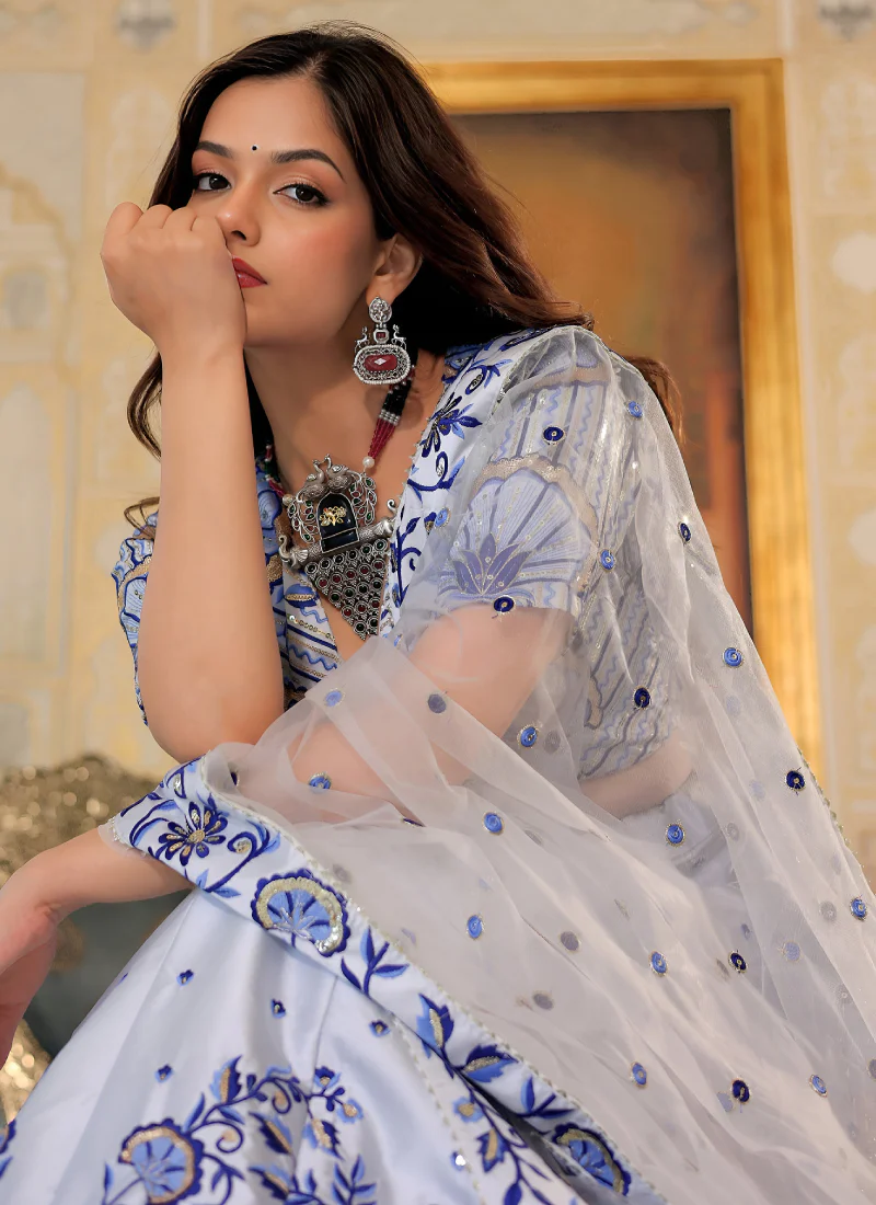 Floral Embroidered Thread Work White Satin Lehenga Choli For Party - Image 2
