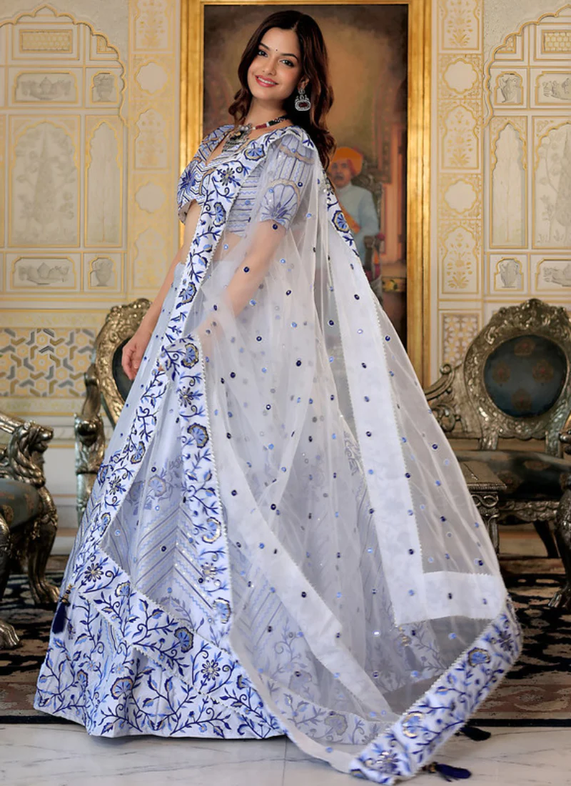 Floral Embroidered Thread Work White Satin Lehenga Choli For Party - Image 4