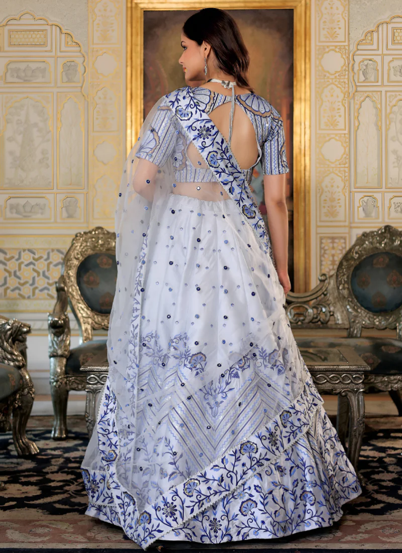 Floral Embroidered Thread Work White Satin Lehenga Choli For Party - Image 5