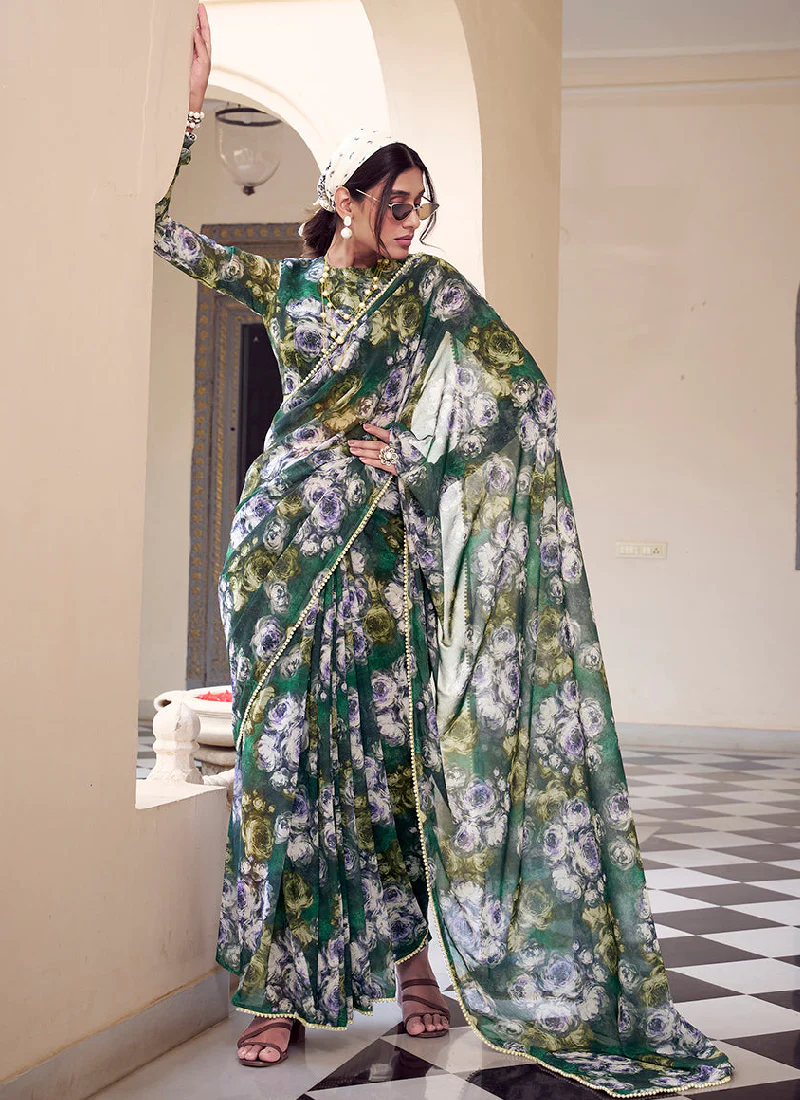 Floral Printed Georgette Mehndi Special Green Saree With Blouse - Image 3