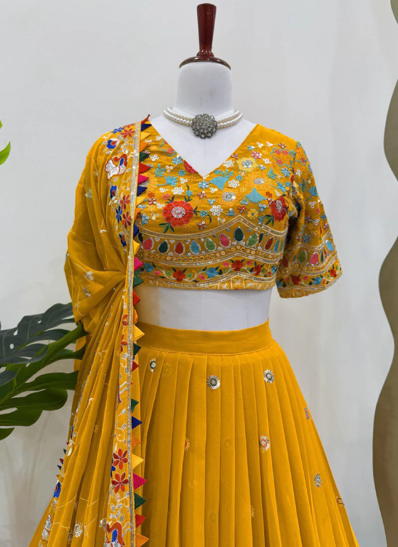 Floral Thread Embroidered Georgette Yellow Haldi Special Lehenga Choli - Image 2
