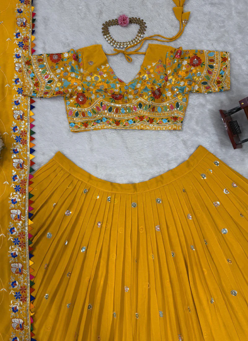 Floral Thread Embroidered Georgette Yellow Haldi Special Lehenga Choli - Image 3