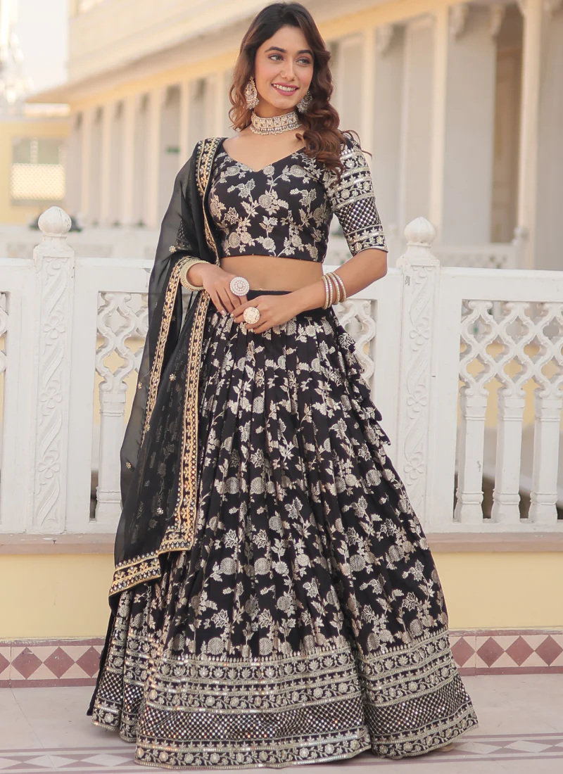 Floral Viscose Jacquard Sequence Work Black Lehenga Choli For Party - Image 2