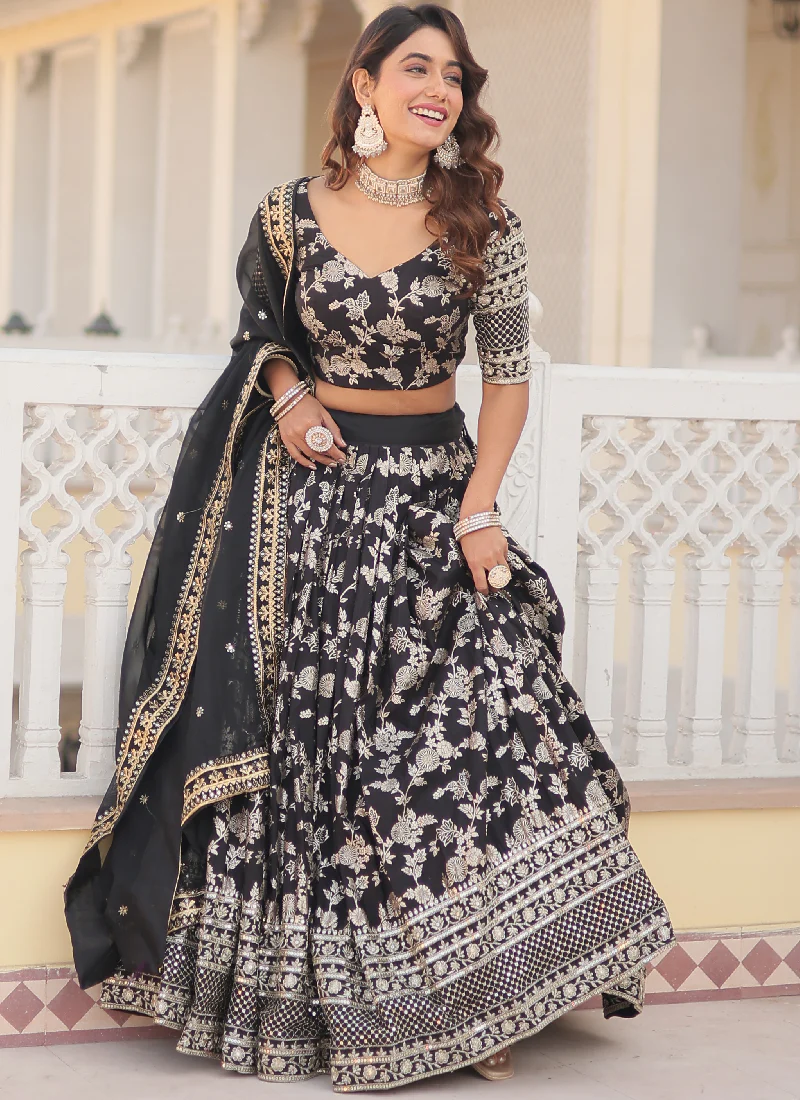Floral Viscose Jacquard Sequence Work Black Lehenga Choli For Party - Image 3