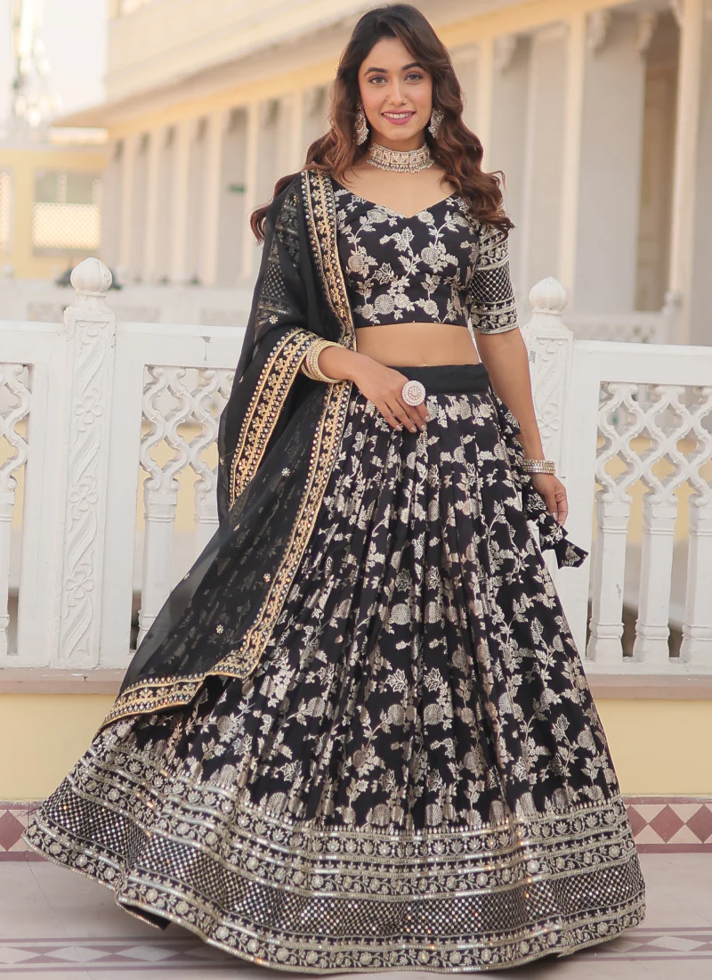 Floral Viscose Jacquard Sequence Work Black Lehenga Choli For Party - Image 4