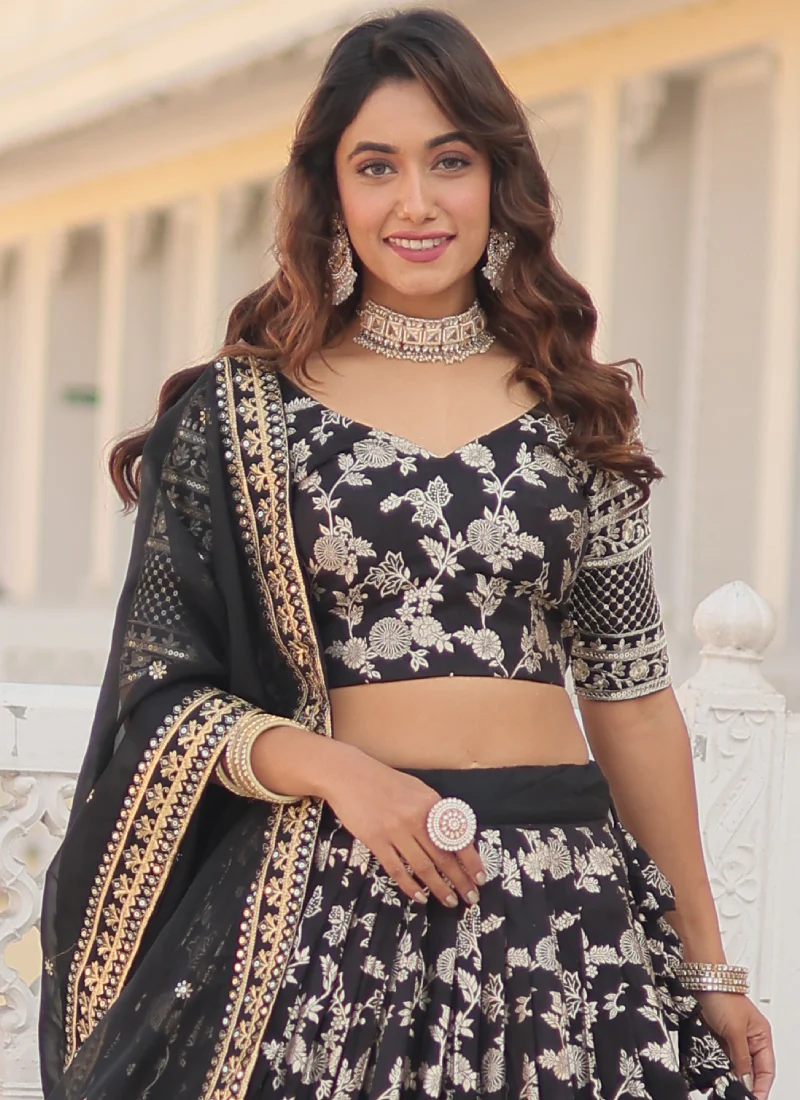 Floral Viscose Jacquard Sequence Work Black Lehenga Choli For Party - Image 5