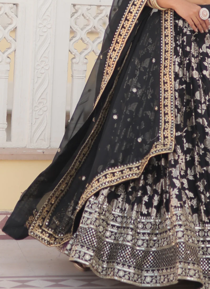 Floral Viscose Jacquard Sequence Work Black Lehenga Choli For Party - Image 6