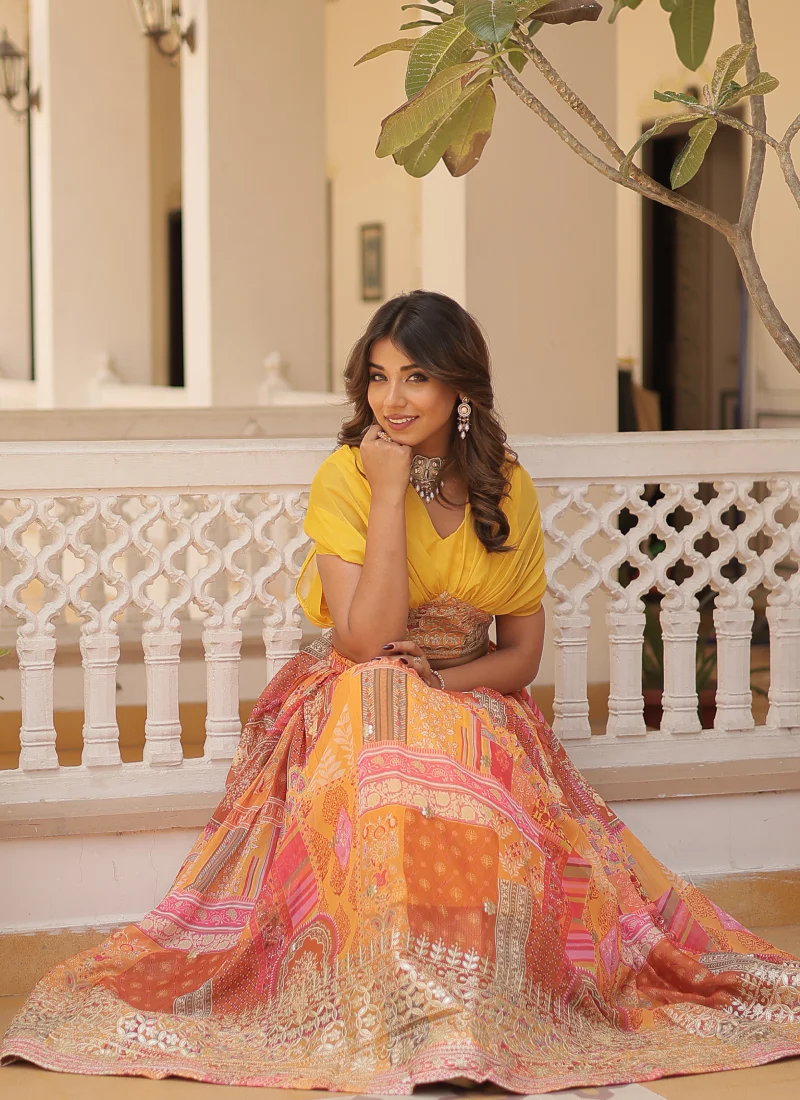 Foil Work Silk Digital Printed Haldi Special Yellow Crop Top Lehenga - Image 10