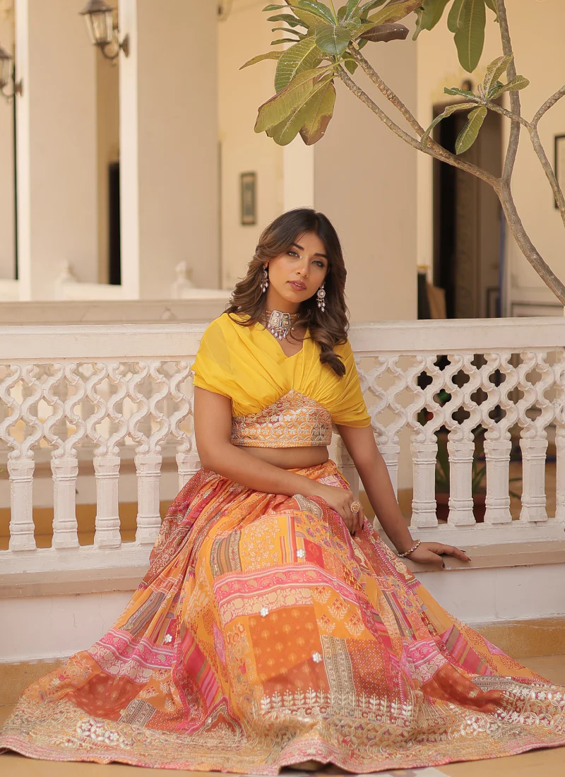 Foil Work Silk Digital Printed Haldi Special Yellow Crop Top Lehenga - Image 12