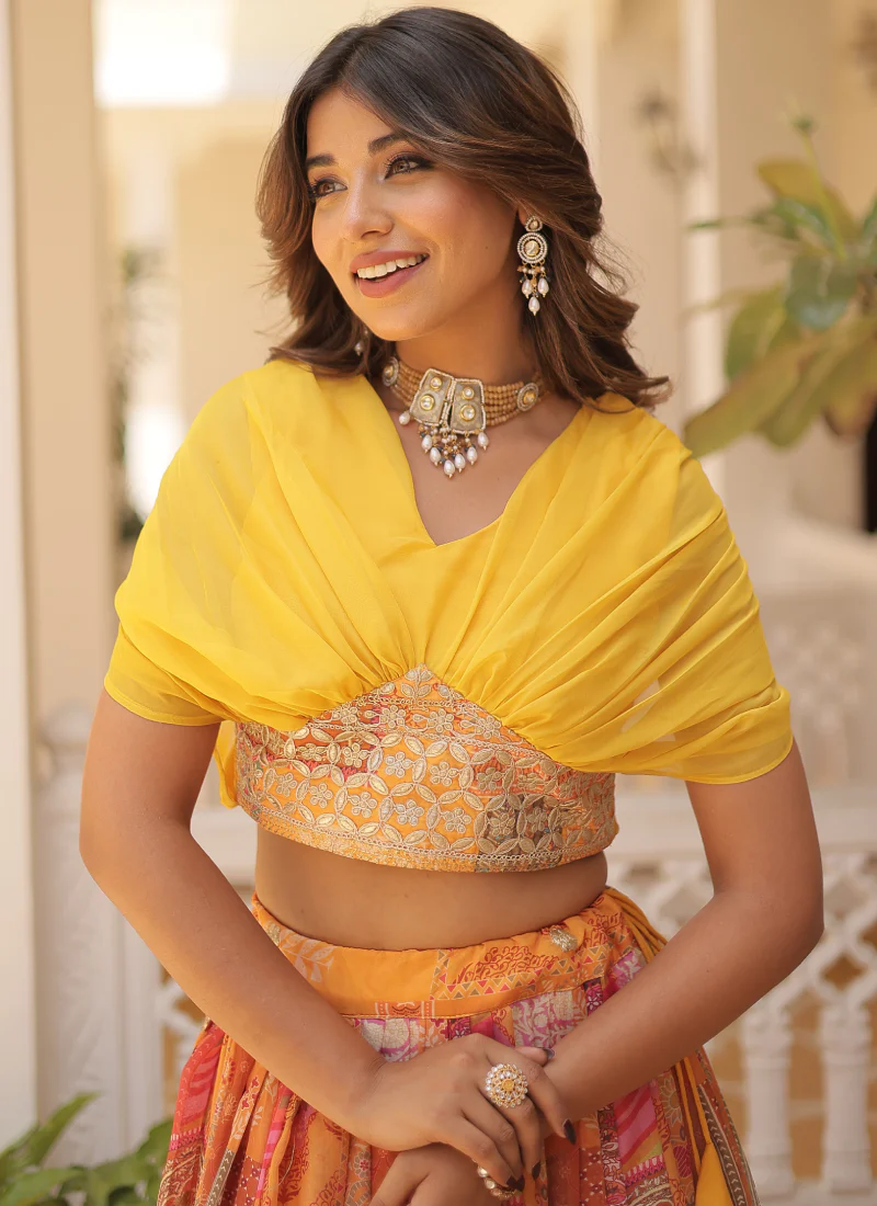 Foil Work Silk Digital Printed Haldi Special Yellow Crop Top Lehenga - Image 13