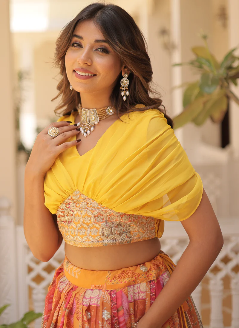 Foil Work Silk Digital Printed Haldi Special Yellow Crop Top Lehenga - Image 15