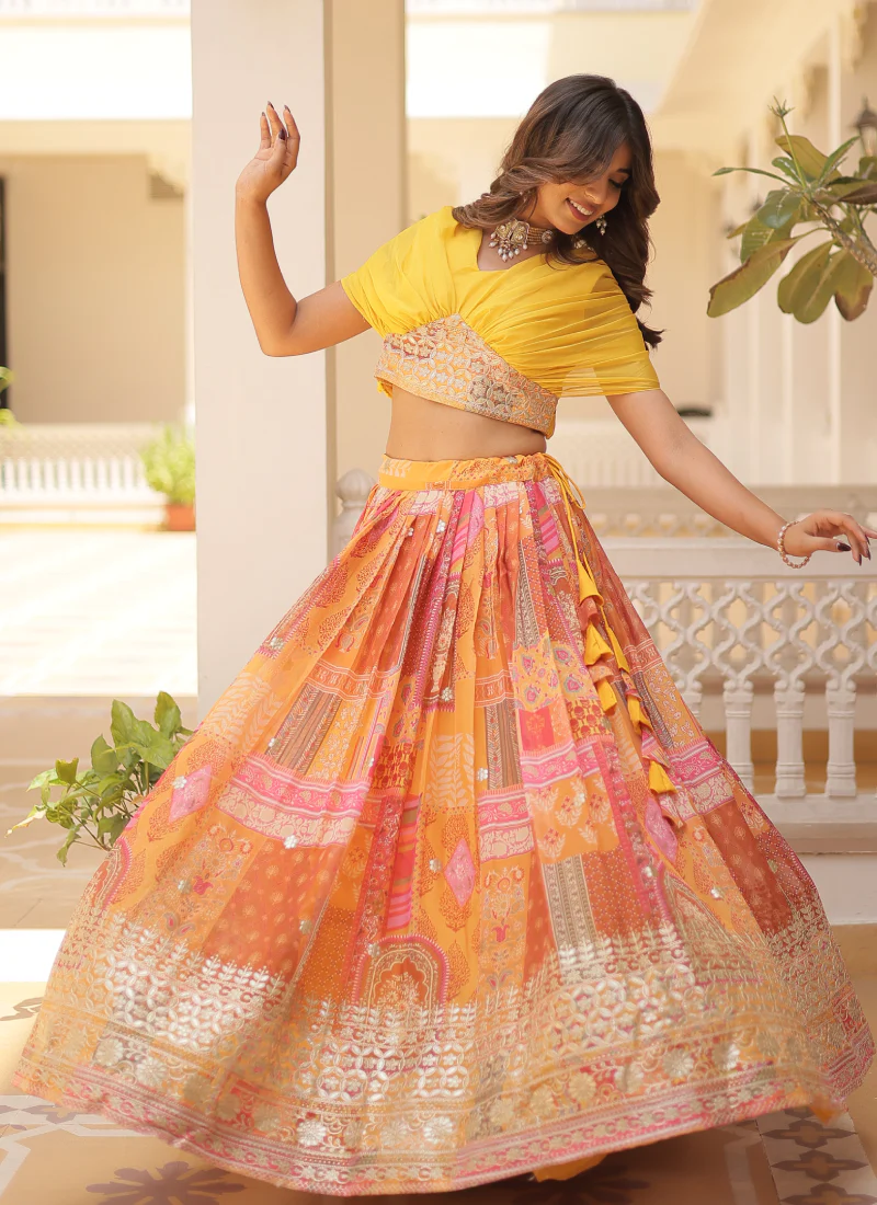 Foil Work Silk Digital Printed Haldi Special Yellow Crop Top Lehenga - Image 4