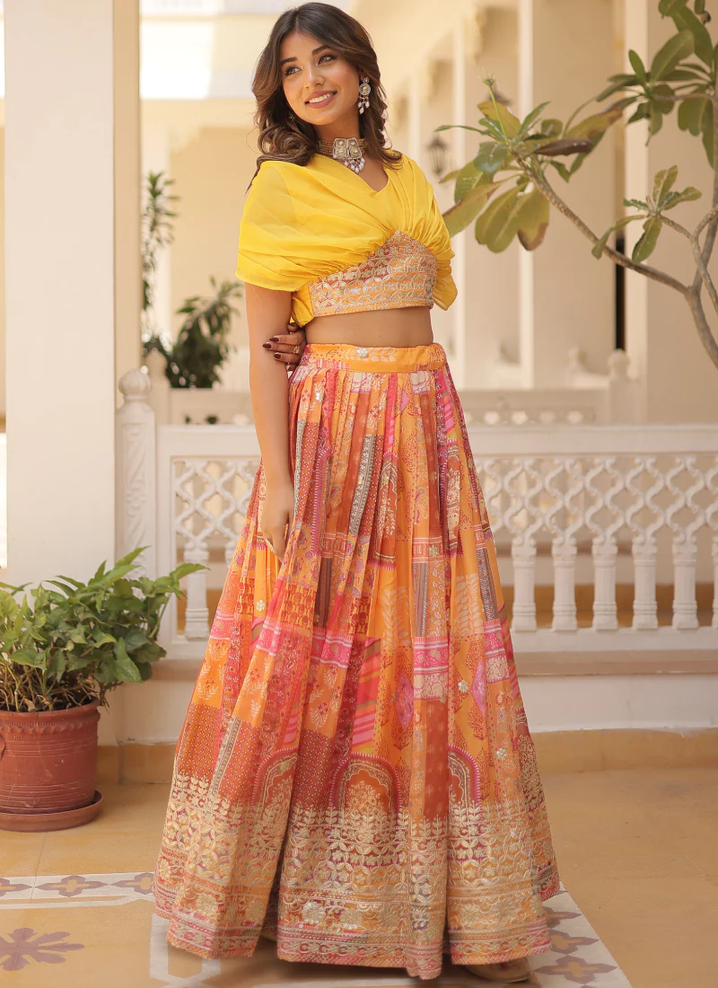 Foil Work Silk Digital Printed Haldi Special Yellow Crop Top Lehenga - Image 5