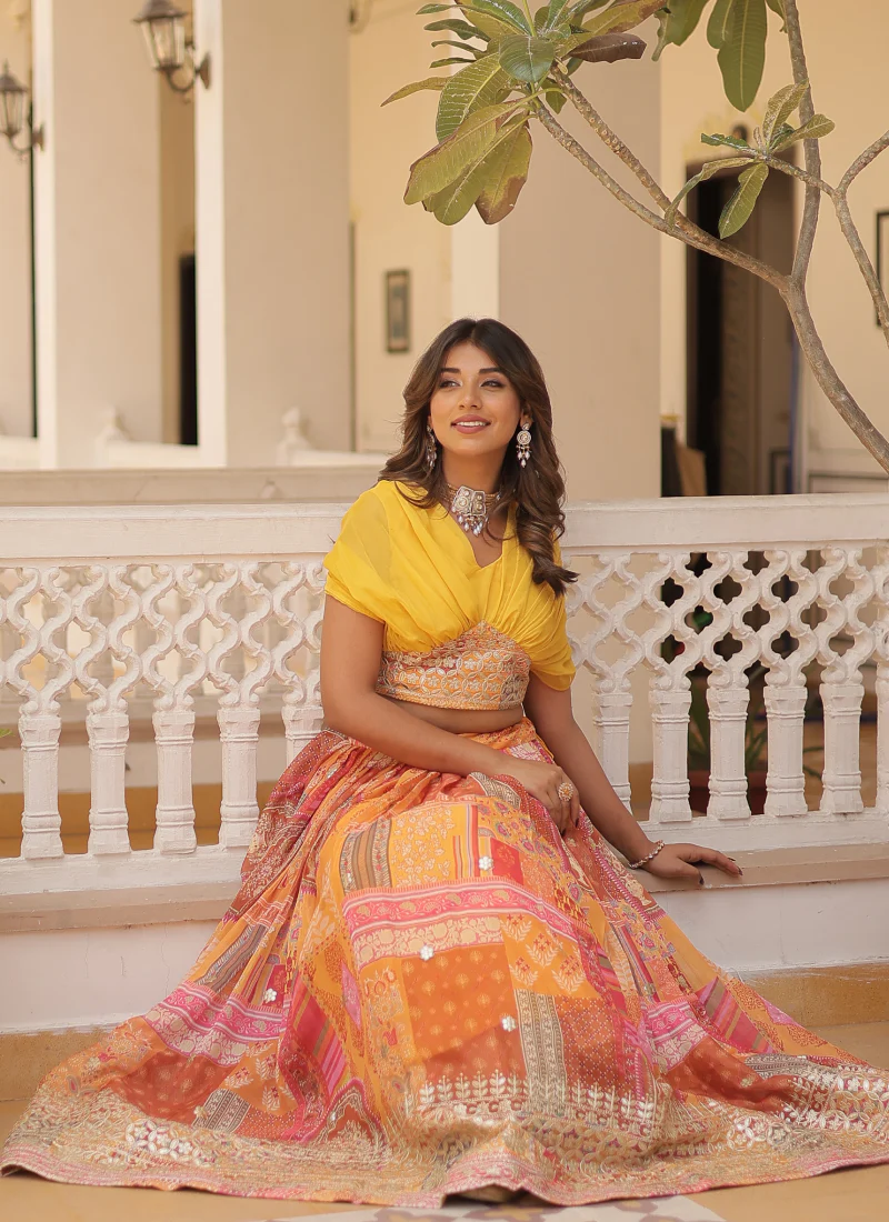 Foil Work Silk Digital Printed Haldi Special Yellow Crop Top Lehenga - Image 6