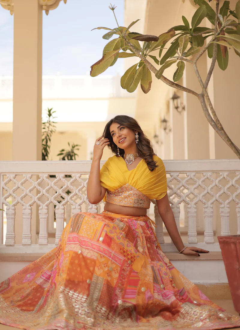 Foil Work Silk Digital Printed Haldi Special Yellow Crop Top Lehenga - Image 7