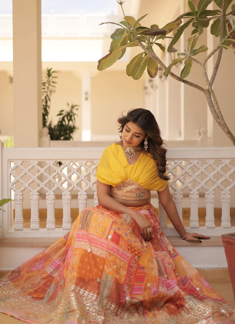 Foil Work Silk Digital Printed Haldi Special Yellow Crop Top Lehenga - Image 9