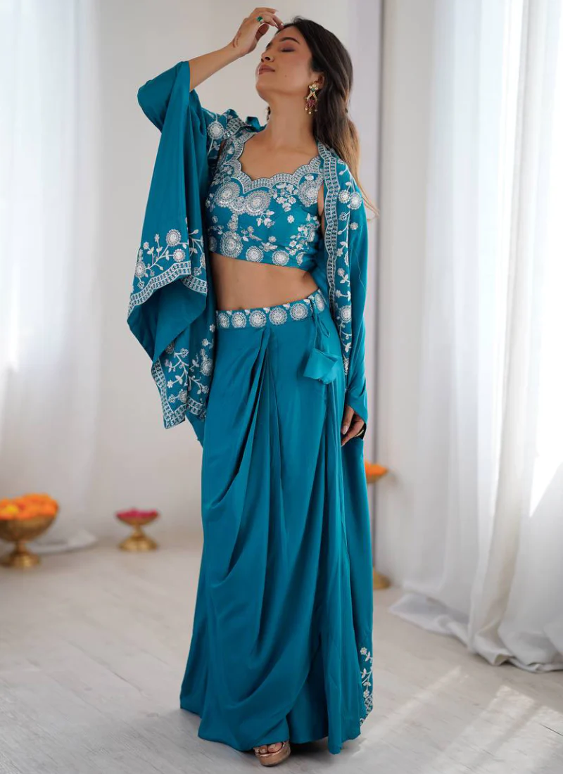 French Crepe Thread Work Indo Western Teal Blue Dhoti Choli With Shrug - Image 3