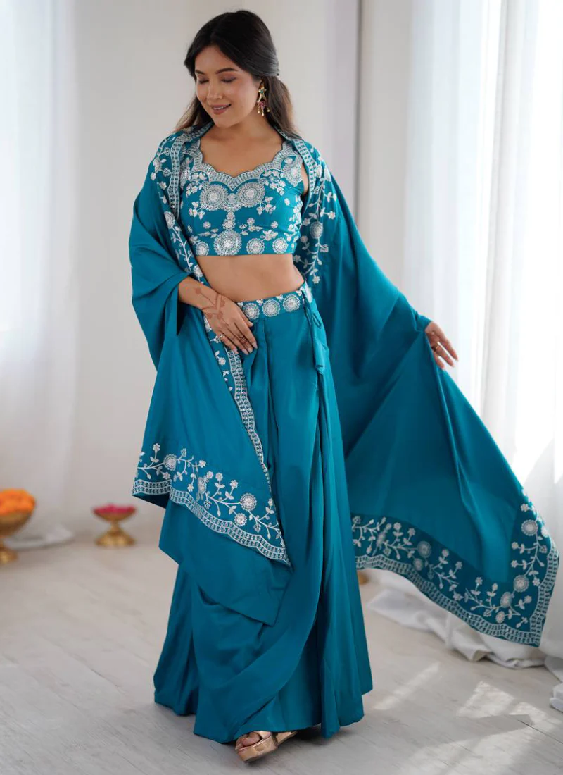 French Crepe Thread Work Indo Western Teal Blue Dhoti Choli With Shrug - Image 4