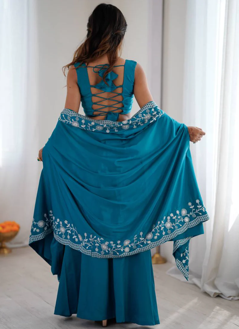 French Crepe Thread Work Indo Western Teal Blue Dhoti Choli With Shrug - Image 6