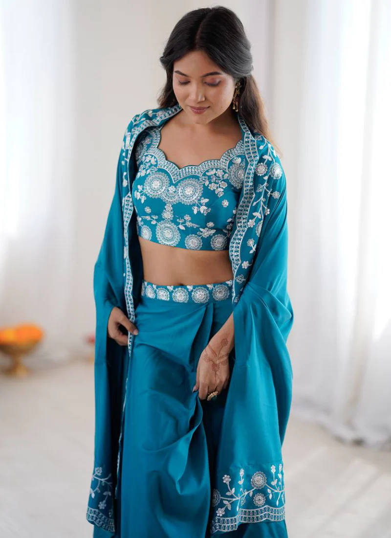 French Crepe Thread Work Indo Western Teal Blue Dhoti Choli With Shrug - Image 7