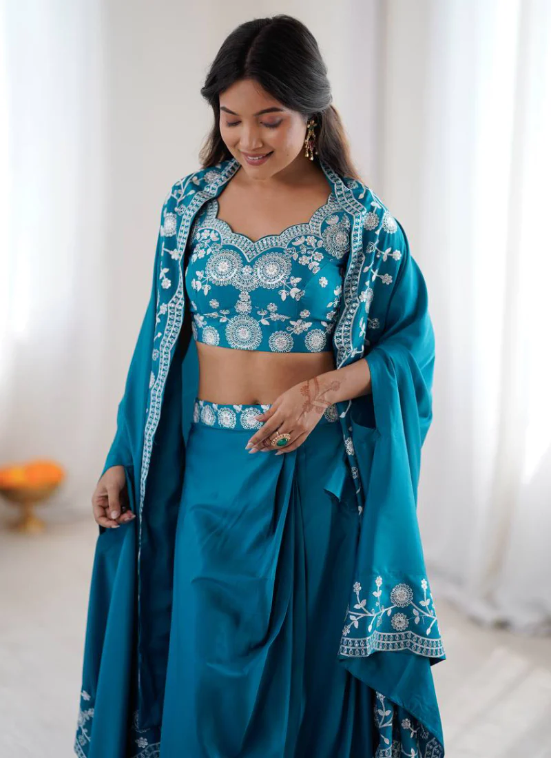 French Crepe Thread Work Indo Western Teal Blue Dhoti Choli With Shrug - Image 9