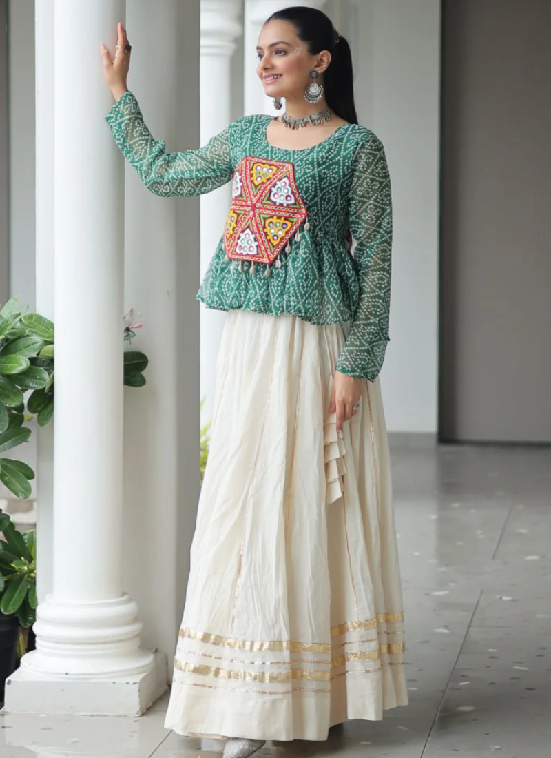 Gamthi Embroidered Peplum Choli With Gota Patti Beige Cotton Lehenga - Image 5
