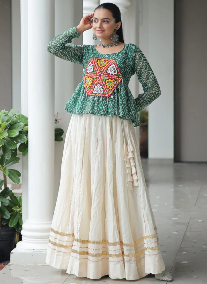 Gamthi Embroidered Peplum Choli With Gota Patti Beige Cotton Lehenga - Image 6