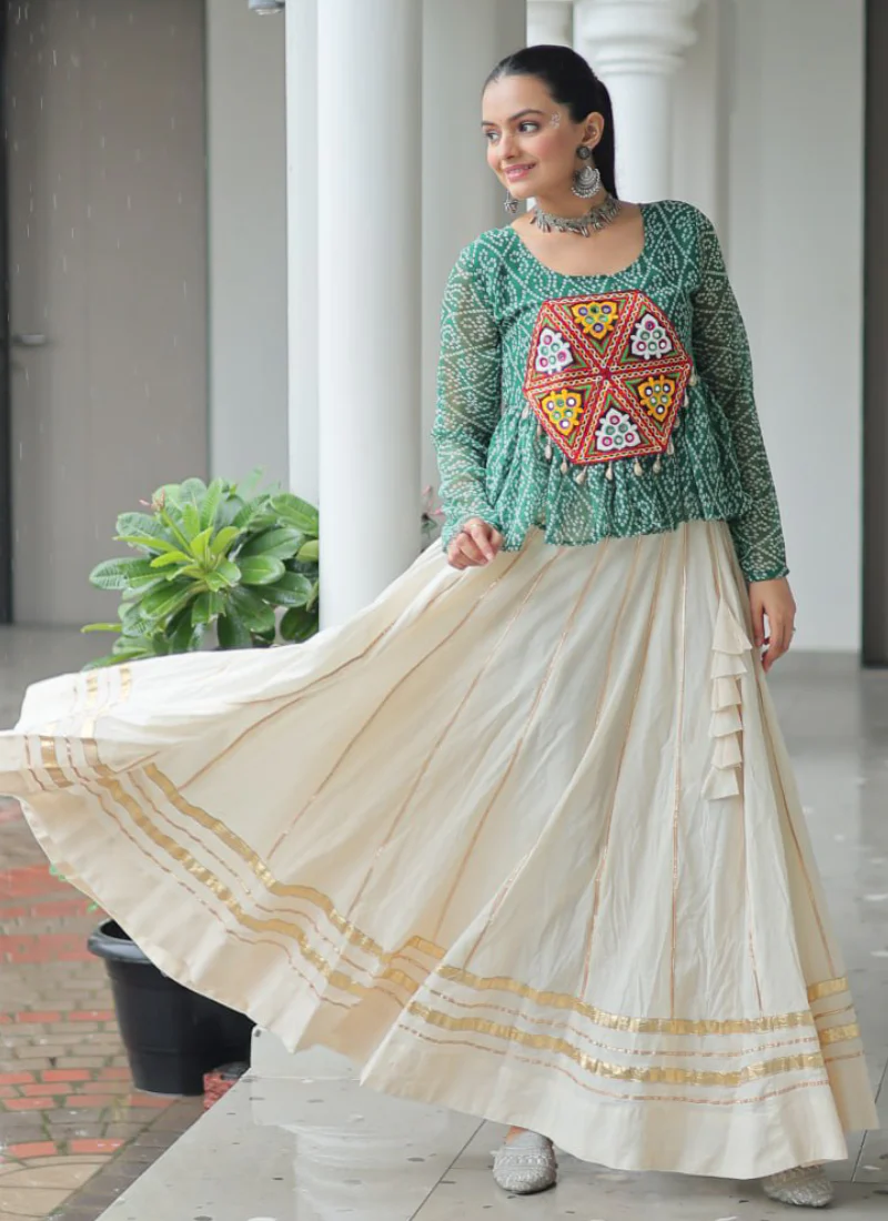 Gamthi Embroidered Peplum Choli With Gota Patti Beige Cotton Lehenga - Image 7