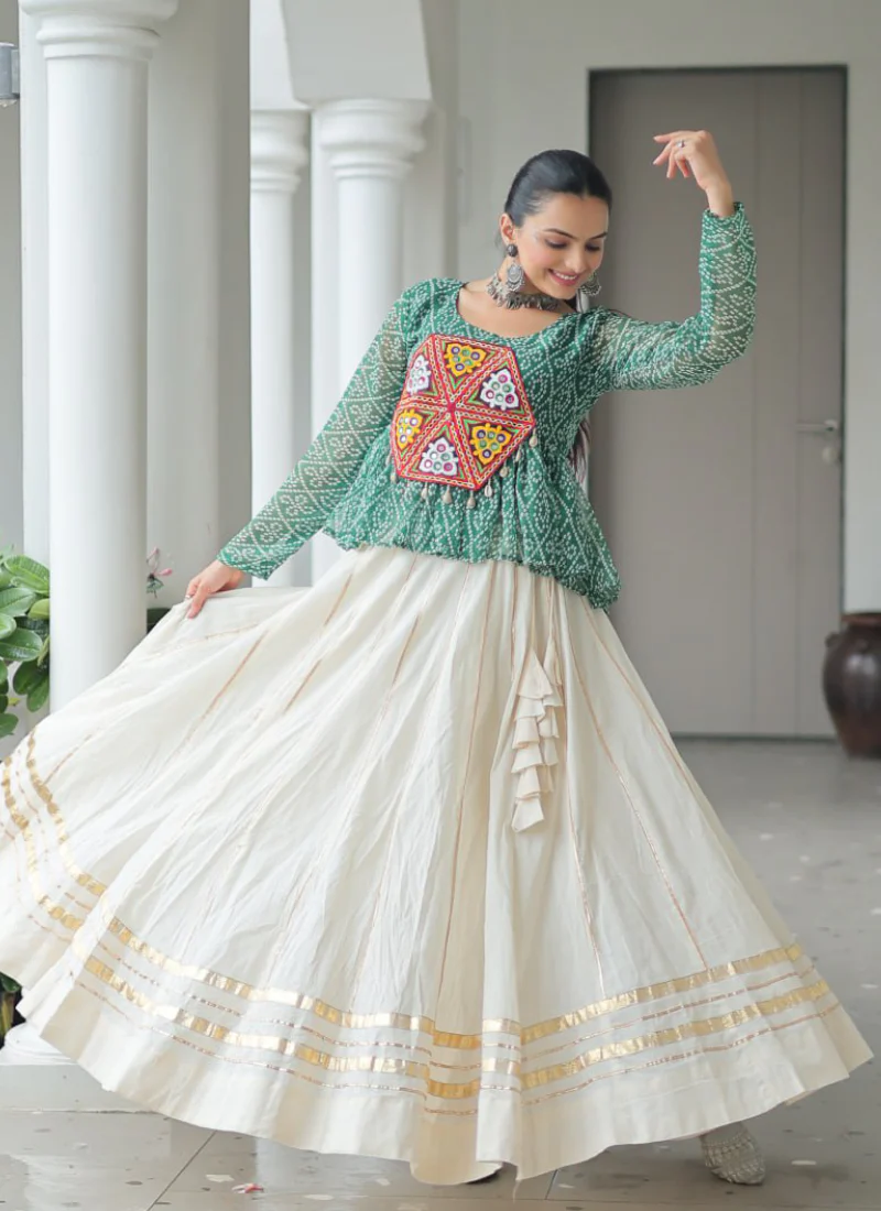 Gamthi Embroidered Peplum Choli With Gota Patti Beige Cotton Lehenga - Image 8