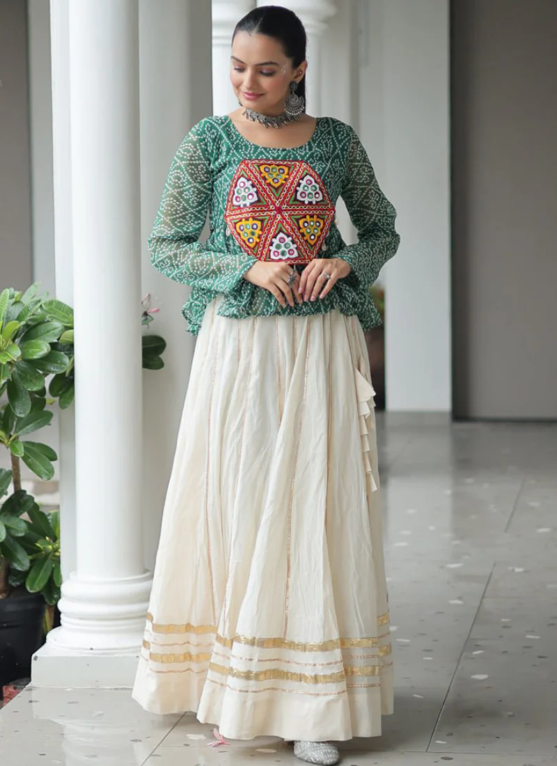 Gamthi Embroidered Peplum Choli With Gota Patti Beige Cotton Lehenga - Image 9