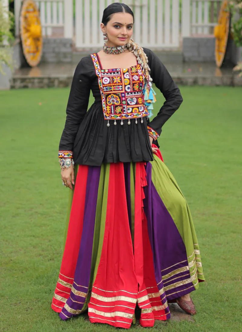 Gamthi Embroidery Work Multi Color Rayon Silk Chaniya With Peplum Top - Image 2